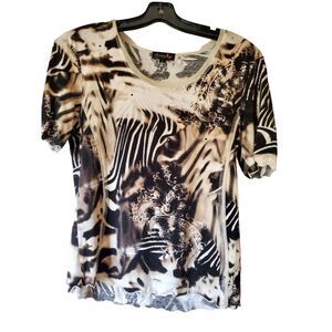 Suzanne Paris Women's Animal Print Knit Top Size‎ Large Rhinestones SS